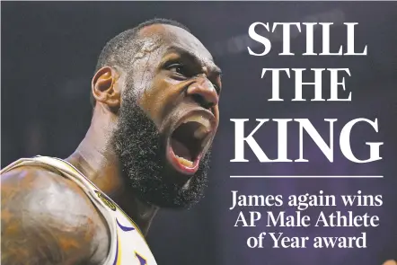  ?? ASSOCIATED PRESS FILE PHOTOS ?? Los Angeles Lakers forward LeBron James was announced Saturday as the winner of the Associated Press’ Male Athlete of the Year award for a record-tying fourth time.