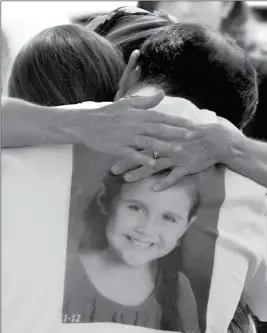  ?? A.E. ARAIZA/ARIZONA DAILY STAR VIA AP ?? IN THIS APRIL 25, 2012, FILE PHOTO, Sergio Celis, wearing a shirt with a picture of his missing 6-year-old daughter, Isabel, gets a hug from a volunteer near their home in Tucson. Arizona officials say Christophe­r Matthew Clements was indicted Friday in the kidnapping and killing of Isabel Celis in 2012 and 13-year-old Maribel Gonzalez in 2014.