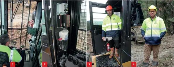  ??  ?? Below from left to right: 1: Iron Tester, Matt Goodall, checks the screen to make sure the SATCO head is cutting the right size logs. Note the expansive view from this vantage point; 2: Excellent storage behind the seat of the Cat 558LL cab; 3: Luke O’Hagan, Woodlot Harvesting’s foreman and Cat 558LL operator; 4: Brad Pyers is very happy with his mostly Cat fleet.