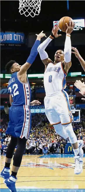  ??  ?? Out of my way: Oklahoma City Thunder guard Russell Westbrook (right) going for the basket as Philadelph­ia 76ers forward Richaun Holmes tries to defend during their NBA game on Wednesday. The Thunder won 122-97. — AP