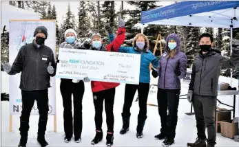  ?? MARSHALL MOLESCHI/Special to The Daily Courier ?? The events team at Kelowna Nordic Ski and Snowshoe Club presented an oversize cheque to the Kelowna General Hospital Foundation for its advanced stroke care campaign last Saturday. From left: George Carr, Bettina Muller, Lyle Nicholson, Kathy van Leur, Wendy Vandenberg and William Pao.