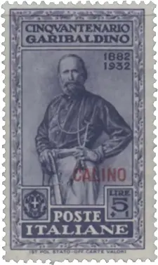  ??  ?? The Garibaldi stamp featuring an overprint from a small island, now called Kalymnos, in the Dodecanese, a group of islands off the coast of Turkey, controlled by Italy at that time