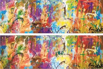  ?? ORGANIZERS OF THE "STREET NOISE" EXHIBITION VIA NYT ?? Two photos show views of “Untitled,” a painting by the artist Jonone, before (top) and after it was defaced (bottom). The extra brush strokes are dark green and near the center of the painting.