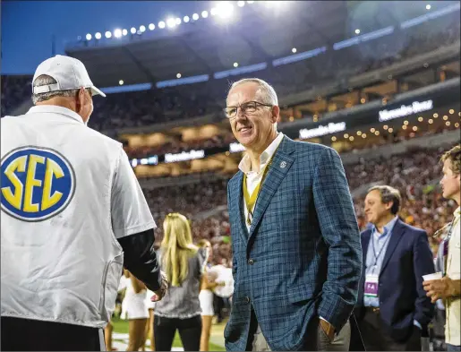  ?? VASHA HUNT/ASSOCIATED PRESS ?? Southeaste­rn Conference commission­er Greg Sankey makes an appearance at the football game between Tennessee and Alabama on Oct. 23 in Tuscaloosa, Ala. Over the past two years, Sankey has helped the conference land a new, additional $350 million television rights deal with ESPN and guided it through the uncertaint­y of the pandemic. He’s also helping lead a major transition of the role of the NCAA in college athletics.