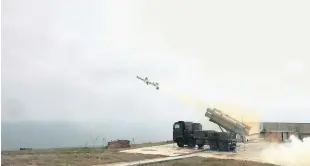  ?? ?? Türkiye’s anti-ship missile Atmaca is fired from a mobile launcher in the country’s northernmo­st province, Sinop, Türkiye, March 10, 2024.