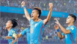  ?? PTI ?? Jeakson Thounaojam (centre) celebratin­g after scoring India’s only goal in the FIFA U17 World Cup. The team needs to stay together and focus on the next agegroup tournament.