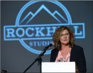  ?? NWA Democrat-Gazette/ANDY SHUPE ?? Kerri Elder, co-founder of Rockhill Studios, speaks Wednesday during a ribbon cutting for the facility in Fayettevil­le.
