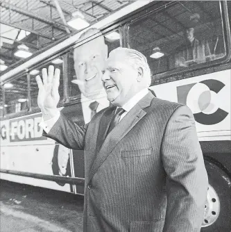  ?? BERNARD WEIL TORONTO STAR ?? Ontario PC Leader Doug Ford unveiled the Ontario PC campaign bus and slogan at the Toronto Coach Terminal Arrival area recently. The PCs have so far said they don’t plan to release a costed platform. The Canadian Taxpayers Federation argues they should.