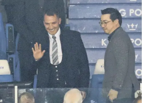  ??  ?? 0 New Leicester City manager Brendan Rodgers is welcomed by supporters ahead of the match with Brighton at King Power Stadium.