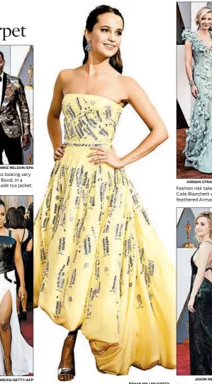  ?? ETHAN MILLER/GETTY
JORDAN STRAUSS/INVISION
JASON MERRITT/GETTY ?? Alicia Vikander is perfection in a custom Louis Vuitton strapless butter-yellow dress with silver embellishm­ents. Fashion risk taker Cate Blanchett wears a feathered Armani gown. Saoirse Ronan looks supercool in an emerald Calvin Klein Collection dress.