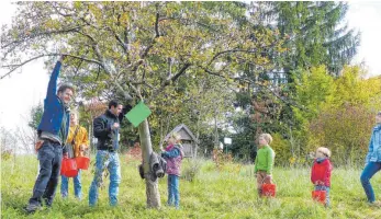  ?? FOTO: MANFRED WALSER/BUND ?? 120 helfende Hände waren beim Streuobsta­ktionstag des BUND im Oktober dabei. In der Landkreis-Streuobstw­iese bei der Edith-Stein-Schule wurden 60 verschiede­ne Tiere gefunden, Bäume geschnitte­n und gepflanzt, nach drei Jahren Brache das Gras gemäht und...