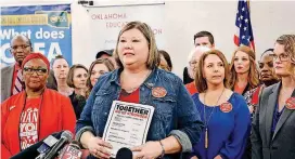  ?? [PHOTO BY JIM BECKEL, THE OKLAHOMAN] ?? Alicia Priest, president of the Oklahoma Education Associatio­n, spoke at a news conference Friday in Oklahoma City during which the union presented a funding proposal ahead of an April 2 strike that’s planned if lawmakers fail to act on the...