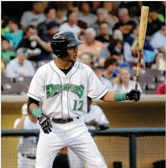  ?? MARC PENDLETON / STAFF FILE ?? Dragons outfielder Jose Siri singled on an 0-2 pitch in the eighth inning Monday night at Fort Wayne after striking out in his first three at-bats. “I am very happy,” he said of the record.