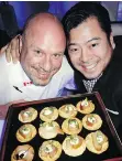  ??  ?? Joe Fortes executive chef Wayne Sych and assistant GM Albert Chee served smoked albacore with orange miso on taro chips at Cabriolet.