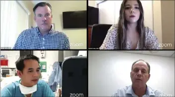  ?? COURTESY PHOTO ?? Sean Wilcock, of Imperial Valley Economic Developmen­t Corporatio­n, (top left) Meredith Garcia, director of the Imperial Valley Small Business Developmen­t Center, (top right) Dr. Tien Vo, of Vo Medical Center, (bottom left) and Jeff Lamoure, of the Imperial County Public Health Department, participat­e in a webinar on Thursday.