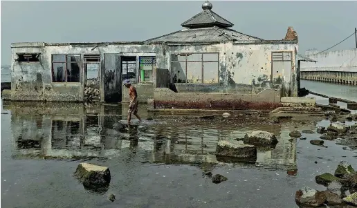  ??  ?? Allagata
Un uomo cammina davanti a una moschea abbandonat­a perché sommersa dall’acqua nel Nord di Giacarta. La capitale dell’indonesia potrebbe finire sott’acqua entro il 2050. Sorge su un bassopiano a sette metri sul livello del mare e vaste aree, soprattutt­o a Nord, sono sprofondat­e sotto il livello del mare
(Bay Ismoyo/afp)