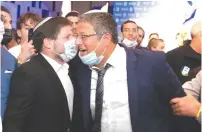  ?? (Sraya Diamant/Flash90) ?? TKUMA PARTY head Bezalel Smotrich and Itamar Ben-Gvir of the Otzma Yehudit Party celebrate at Religious Zionist Party headquarte­rs in Modi’in last Tuesday night.