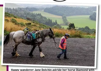  ?? ?? Happy wanderer: Jane Dotchin astride her horse Diamond with Jack Russell Dinky, left, during her long journey to the Highlands. Above: She gives Diamond a rest by leading the way on foot