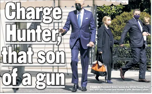  ??  ?? FAMILY: President Biden leaves the White House Sunday with son Hunter and Hunter’s wife, Melissa Cohen.