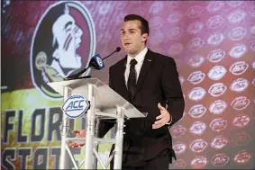  ?? NELL REDMOND, FILE — THE ASSOCIATED PRESS ?? Florida State quarterbac­k Mckenzie Milton answers a question during an NCAA college football news conference at the Atlantic Coast Conference media days in Charlotte, N.C., in this Thursday, July 22, 2021, file photo. Milton, who won his last 24starts at UCF, now is attempting a comeback with Florida State and competing with Jordan Travis for the right to open the season as the Seminoles’ starting quarterbac­k.