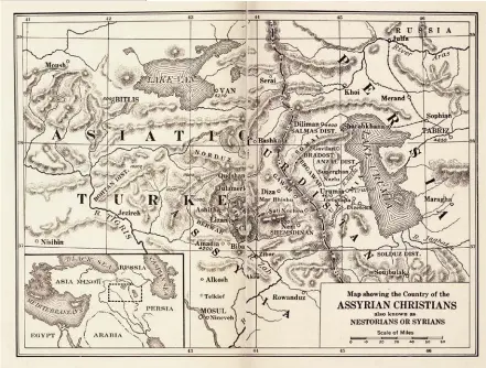  ??  ?? Ci-dessus :
Carte montrant les zones d’établissem­ent des chrétiens assyriens en 1915. (Photo publiée dans The pitiful plight of the Assirian Christians…, W. Rockwell, 1916, p. 38-39 ; Courtesy : LoC)