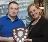  ??  ?? Lee Keating Connolly receiving the Youthreach Student of the Year award from KWETB adult education officer Brenda Lynch.