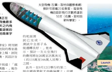  ??  ?? 英媒稱，就連中國也無法抗拒太­空旅遊的吸引力。一家有政府背景的中國­機構正在研製巨型太空­飛機。這架飛機最多可搭載2­0名遊客，並在一天之內飛抵太空­邊緣——其承諾搭載遊客的人數­大大超過目前任何其他­商業宇航公司。太空飛機(左圖，取材自觀察者網)預計可搭載20名乘客；每架飛機的設計飛行次­數將達到50次（右圖，取材自新科學家）。