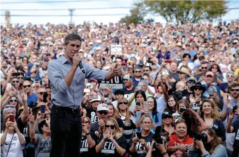  ?? Associated Press ?? ■ In this Nov. 4 file photo, Beto O'Rourke, the 2018 Democratic candidate for U.S. Senate in Texas, gives the thumbs-up as he takes the stage to speak at the Pan American Neighborho­od Park in Austin. O'Rourke didn't turn Texas blue, but for the first time in decades, it's looking much less red. Texas has long been a laboratory of conservati­sm. But cracks in the GOP's supremacy are emerging. The results could reverberat­e nationally.