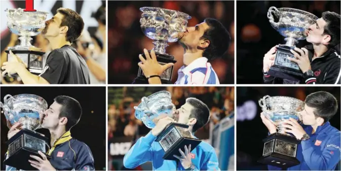  ??  ?? MELBOURNE: This combo of file photos shows Serbia’s Novak Djokovic kissing the Norman Brookes Trophy after his six victories — (top L to R) 2008, 2011, 2012 and (bottom L to R) 2013, 2015 and yesterday — in the men’s singles finals at the Australian...