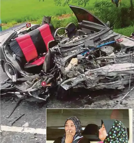  ?? Pic by Malai Rosmah Tuah ?? The wreckage after an accident involving four vehicles in Jalan Kampung Pandasan, Kota Belud, yesterday. Pic courtesy of NST reader (Inset) Relatives of victims waiting at Kota Belud Hospital yesterday.