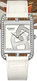  ??  ?? Hermès Cape Cod Chaine d’ancre Watch
This timepiece refreshes a classic design with a white lacquered dial decorated with an off-centre double-link. The case is set with diamonds and is matched by a pristine white matte alligator strap. $15,280 Moynat Pyramid Minaudiere All superlativ­es apply to this intricate logo-adorned gold pyramid bag, a guaranteed conversati­on-starter at your next evening event. Price on request