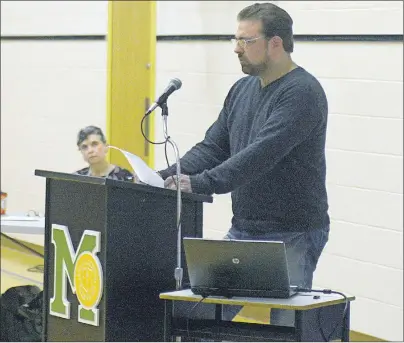  ?? MITCH MACDONALD/TC MEDIA ?? Parent Adam Drake speaks during the Public Schools Branch meeting at Morell Regional High School Monday night. Drake said recommenda­tions to rezone students out of the family of schools feels like an attack on the community.