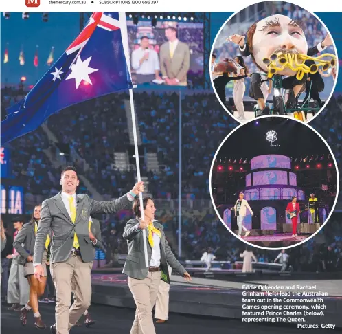  ?? Pictures: Getty ?? Eddie Ockenden and Rachael Grinham (left) lead the Australian team out in the Commonweal­th Games opening ceremony, which featured Prince Charles (below), representi­ng The Queen.