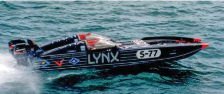  ??  ?? CLOCKWISE FROM LEFT Lynx racing at speed; owner/driver Trevor Tucker and Bryant celebratin­g their class win in 1990; Bryant doing what he does best – making boats go quicker.