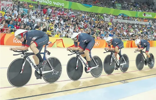  ?? Photograph­s: Getty ?? Katie Archibald leads Team GB’s pursuit team during the Olympic final. Archibald, Laura Trott, Elinor Barker and Joanna Rowsell-Shand won gold and set a world record