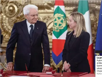  ?? FOTO LAPRESSE ?? La premier
Il giuramento di Meloni al Quirinale il 22 ottobre. Sotto, Chaouqui