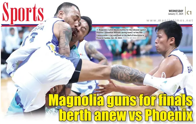  ?? PHOTO BY RIO DELUVIO ?? Magnolia’s Calvin Abueva battles for the rebound against Phoenix’s Johnathan Williams during Game 3 of the PBA Commission­er’s Cup semifinals at the Mall of Asia Arena in Pasay on Sunday, Jan. 28, 2024.
