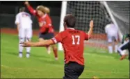  ?? KYLE MENNIG – ONEIDA DAILY DISPATCH ?? Vernon-Verona-Sherrill’s Aaron Duchene (17) celebrates his goal during a match at Oneida on Monday.