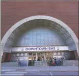  ??  ?? Students enter Downtown Burlington High School through a giant storefront arch.