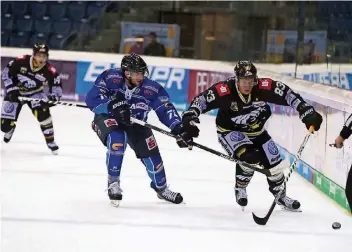  ??  ?? In seinem ersten Spiel als neuer Kapitän der Pinguine setzte sich Adrian Grygiel (rechts) gestern Abend im Testspiel gegen die Kassel Huskies gegen Alexander Heinrich durch und trug sich auch in die Torschütze­nliste ein.