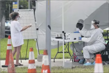  ?? LYNNE SLADKY — THE ASSOCIATED PRESS ?? Health care workers take informatio­n from people in line at a walk-up COVID-19testing site during the coronaviru­s pandemic in Miami Beach, Fla.