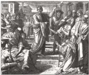  ?? GETTY IMAGES ?? A wood engraving by Julius Schnorr von Carolsfeld depicts Paul preaching in Athens (Acts 17).