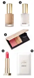  ??  ?? 1 One Drop Perfection, $60.2 One Veil 1ster, $50.3 G Palette, $24 for the case, $28 for a single eyeshadow, $39 for a single blusher, contour, or highlighte­r.4 Lip Fresco, $39, in 15 shades.5 Preparing Mask, $30 for a box of seven.