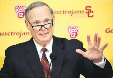  ?? Al Seib
Los Angeles Times ?? PAT HADEN HOLDS a news conference on the day Steve Sarkisian was f ired as football coach last fall. One of Haden’s friends and former teammates, J. K. McKay, is considered a candidate to succeed him.