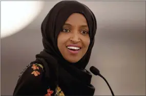  ?? NICK WAGNER — AUSTIN AMERICAN-STATESMAN VIA AP, FILE ?? In this file photo, Rep. Ilhan Omar, D-Minn., speaks during the fourth annual Citywide Iftar Dinner in Austin, Texas.