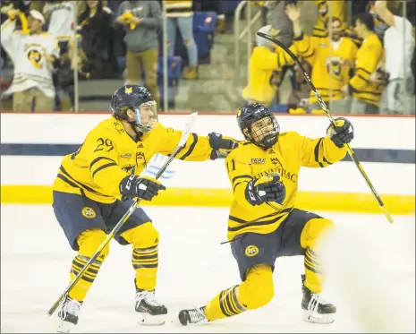  ?? John Vanacore / For Hearst Connecticu­t Media ?? Quinnipiac’s Wyatt Bongiovann­i, right, celebrates his opening-minute goal with Odeen Tufto during their 4-0 win over UMass Friday night in Hamden.