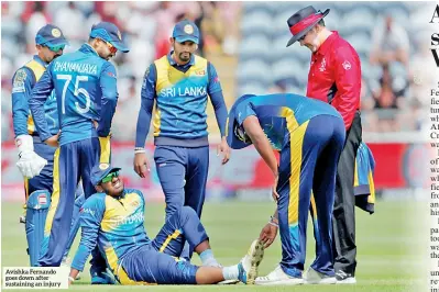  ??  ?? Avishka Fernando goes down after sustaining an injury