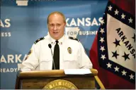  ?? (Arkansas Democrat-Gazette/ Stephen Swofford) ?? Ken Kelly, Secretary of the EMT associatio­n in Arkansas, addresses the media during a press conference on Arkansas’ response to COVID-19 on Friday. Kelley is also the president and chief executive officer of ProMed Ambulance, based in El Dorado.