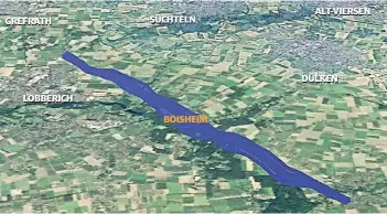  ?? FOTO: GOOGLE MAPS/WTINFO TORNADO RESEARCH PROJECT ?? Das „Tornado Research Project“in Fulda hat die Schneise des Tornados berechnet. Die Windhose war in Boisheim sehr langsam unterwegs, mit gerade mal 26 Kilometern pro Stunde.