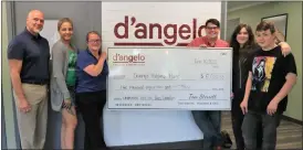  ?? ?? A $5,082.33 check was presented to Ginny’s Helping Hand staff on Friday, 100% of the proceeds from the Leominster D’angelo Grilled Sandwiches location reopening day on June 7. From left, are D’angelo Regional Vice President Jim Croteau, Ginny’s Assistant Manager Mayra Diaz, D’angelo Area Manager Meg Harrison, Ginny’s Executive Director Brandon Robbins, Ginny’s pantry staff member Julia Zephir, and Ginny’s student intern Aaron Byington.